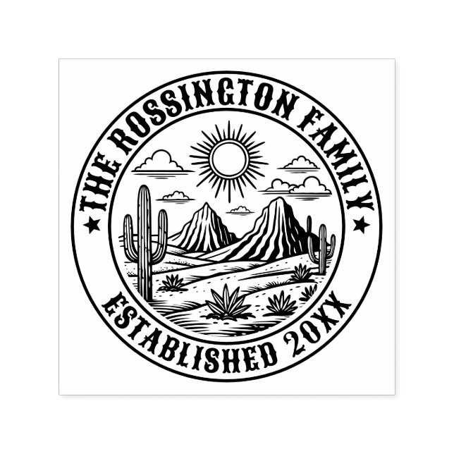 Carimbo Auto Entintado Desert Cactus Landscape #2S Family Name Date Estd (Design)