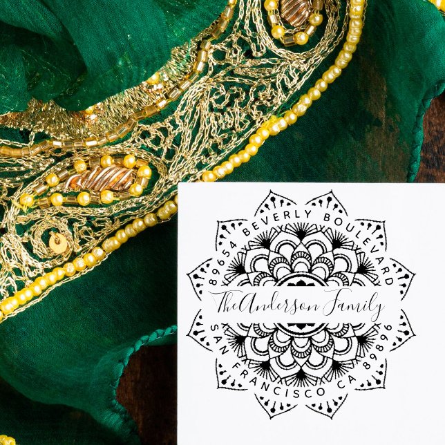 Carimbo Auto Entintado Diversão Verde Nome da Família Mandala Endereço de (Criador carregado)