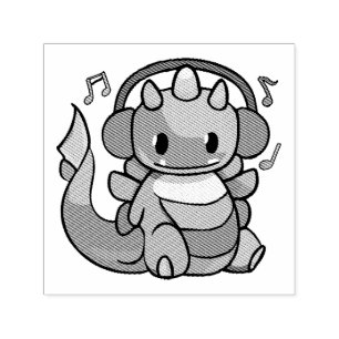 Carimbo Auto Entintado Dragão feliz com fones de ouvido ouvindo música.