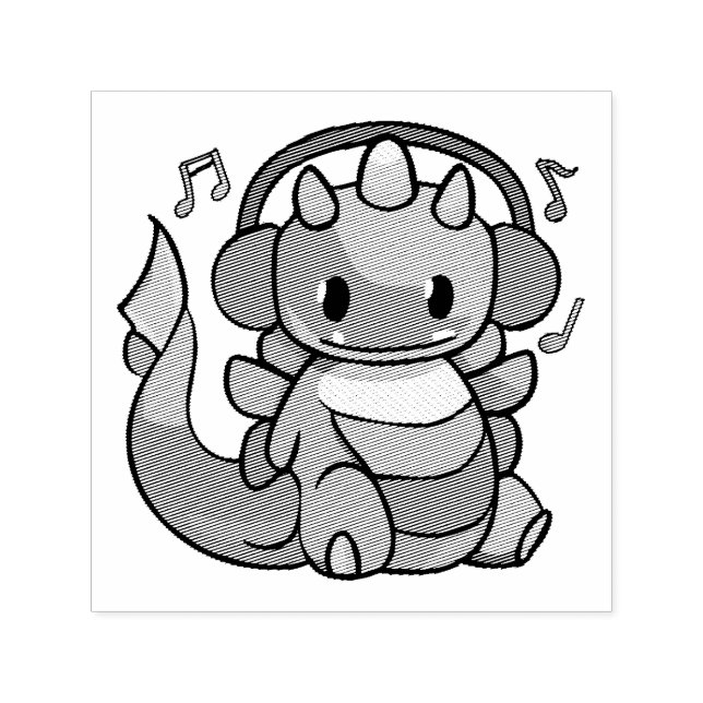 Carimbo Auto Entintado Dragão feliz com fones de ouvido ouvindo música. (Design)