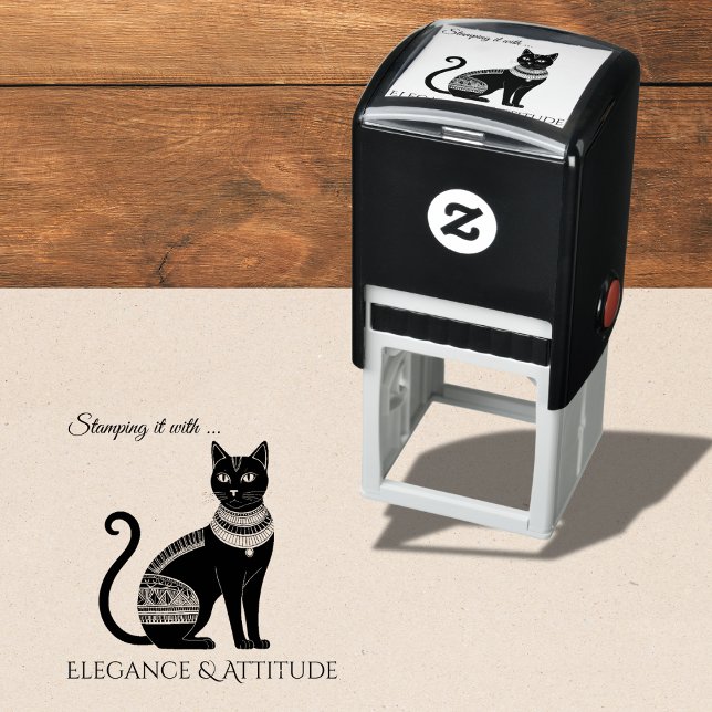 Carimbo Auto Entintado Egípcia em Elegância e Atitude de Gato (A rubber stamp with Egyptian black cat design and caption 'Stamping it with elegance & attitude")