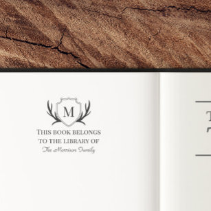 Carimbo Auto Entintado Elegant Antler Shield Monogram Book Belongs To