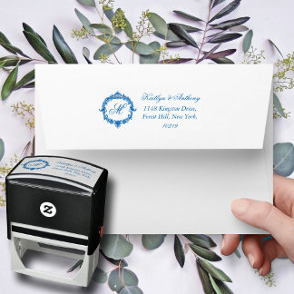 Carimbo Auto Entintado Elegant Vintage Blue Toile Monogram Wedding