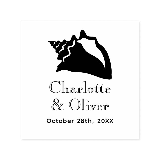 Carimbo Auto Entintado Elegante Concha Grande Nome do Casal Data Monogram (Design)