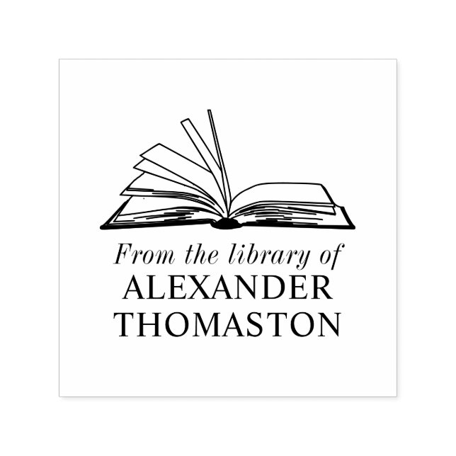 Carimbo Auto Entintado Elegante Livro Aberto “Da Biblioteca de” Nome (Design)
