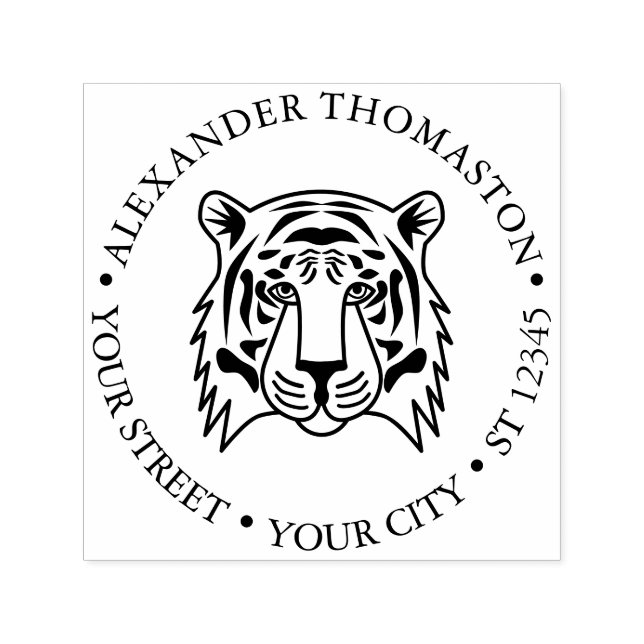 Carimbo Auto Entintado Elegante Tiger Head Round Name Endereço de devoluç (Design)