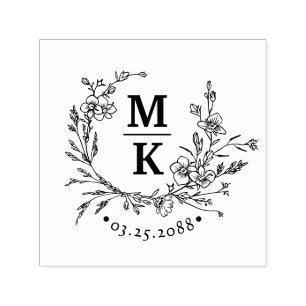 Carimbo Auto Entintado Elegante Wildflower Wreath Casal Monograma
