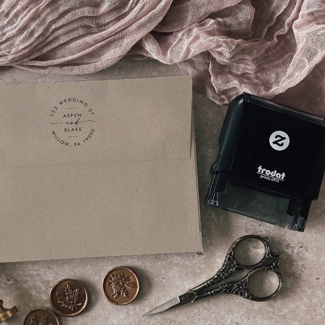 Carimbo Auto Entintado Endereço Circular de Casamento de Script Moderno (Criador carregado)