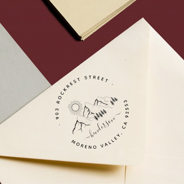 Carimbo Auto Entintado Endereço da Família Paisagem da Floresta Russa de  (Mountains Pines Sun Elegant Script Return Address Stamp)