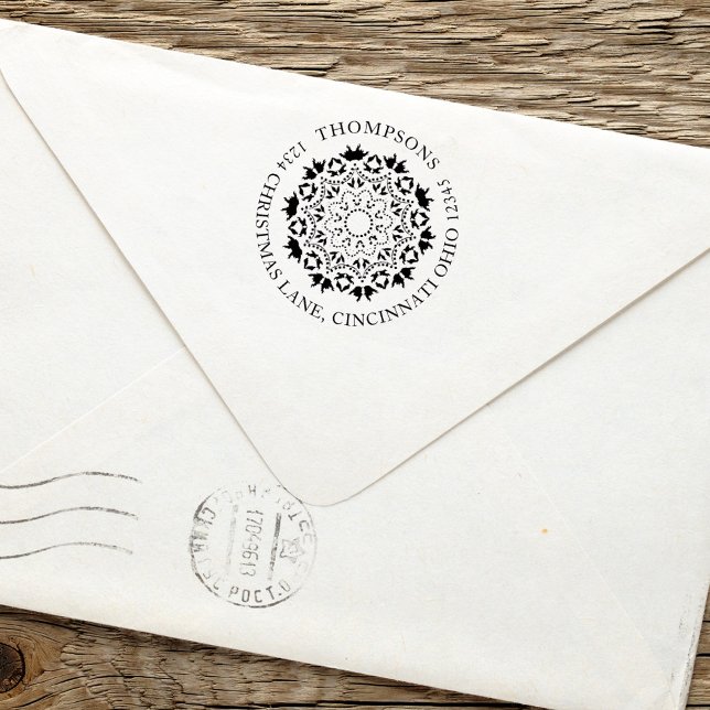 Carimbo Auto Entintado Endereço de devolução da família de inverno de Nat (Christmas holiday greenery, foliage, circle mandala design.)