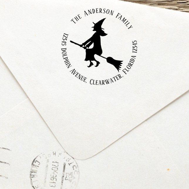 Carimbo Auto Entintado Endereço de devolução de bruxas do Halloween perso (Halloween witch custom return address stamp. )