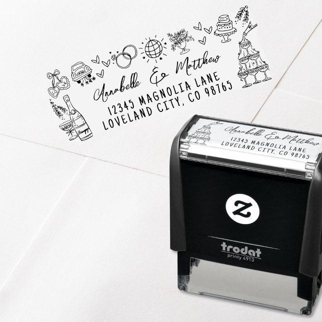 Carimbo Auto Entintado Endereço de Devolução de Casamento Caprichoso Dese (Hand Drawn Whimsical Wedding Return Address self-inking stamp)