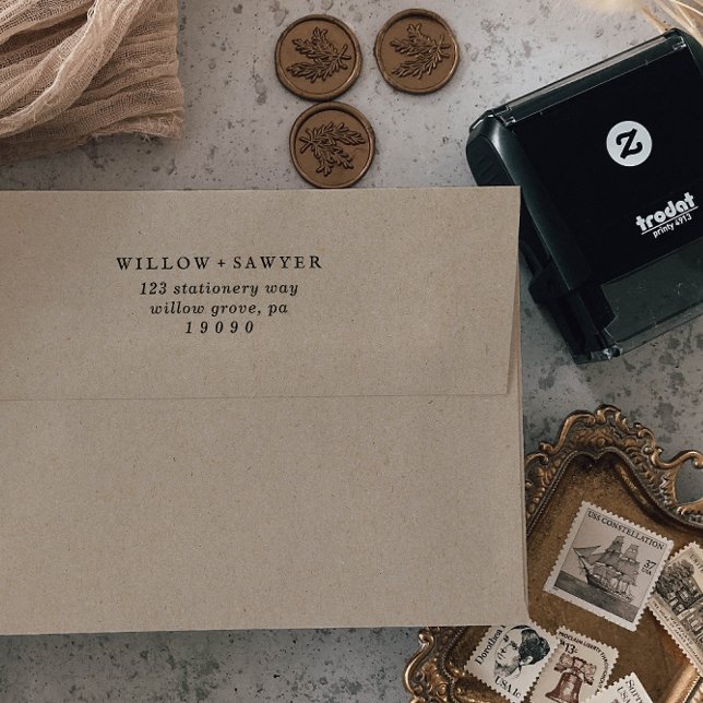 Carimbo Auto Entintado Endereço de Devolução de Casamento Rustic Script (Criador carregado)
