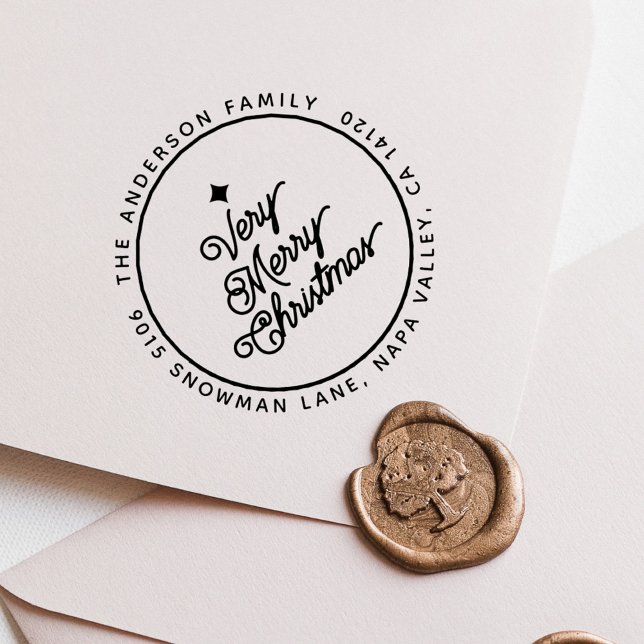 Carimbo Auto Entintado Endereço de Retorno de Roteiro de Natal Moderno (Modern Merry Christmas Script Round Return Address Self-inking Stamp)