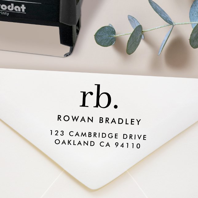 Carimbo Auto Entintado Endereço de Retorno Mínimo Elegante Clássico do Mo (Sleek modern monogram custom pre-addressed mailing rubber stamp.)