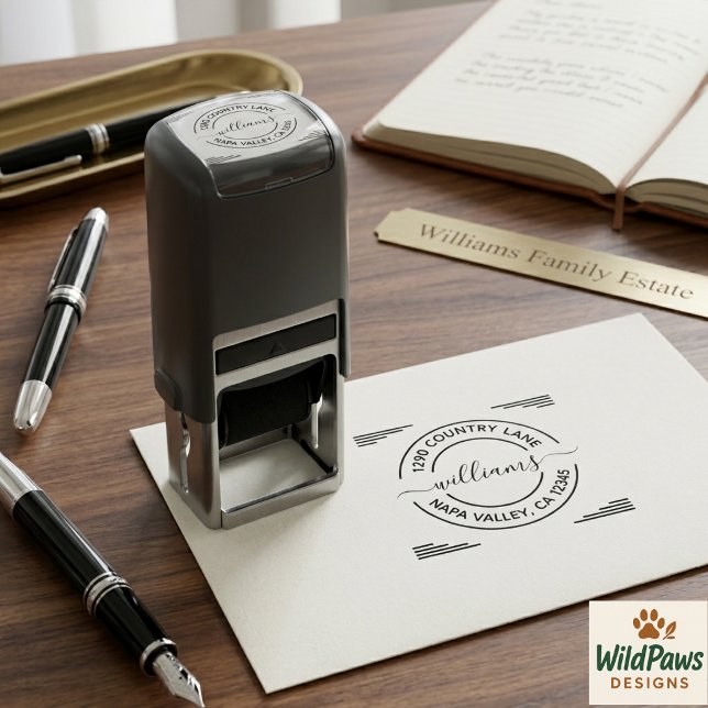 Carimbo Auto Entintado Endereço de Retorno Redondo Moderno | Negócios Per (Modern Round Return Address | Custom Business Self-inking Stamp
)