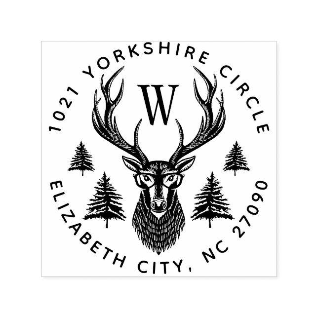 Carimbo Auto Entintado Endereço do Monograma da família de veados e pinhe (Design)