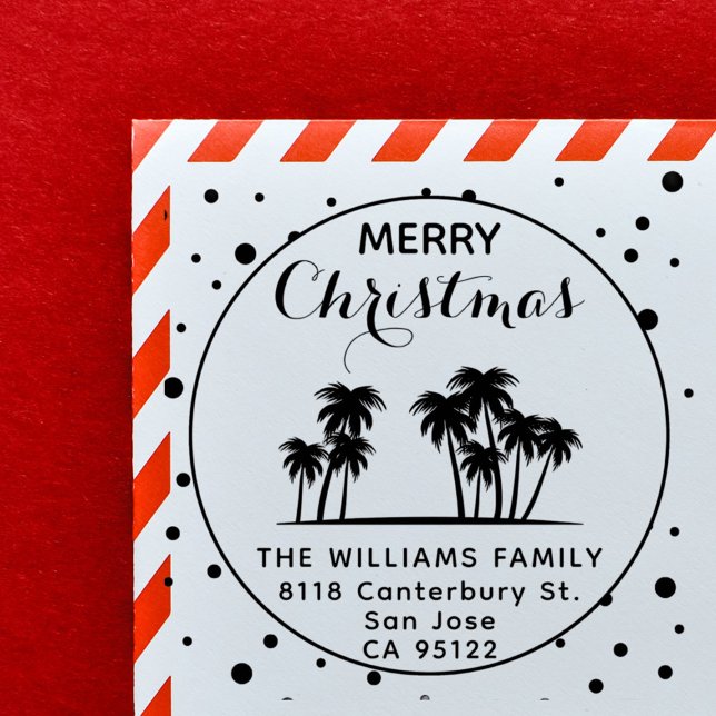 Carimbo Auto Entintado Endereço exclusivo de devolução de Natal Tropical (Tropical Palm Trees Merry Christmas Holiday Return Address Self-inking Stamp)