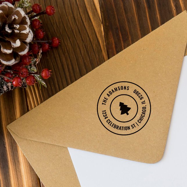 Carimbo Auto Entintado Endereço Festivo da Família Round da Árvore de Nat (Criador carregado)