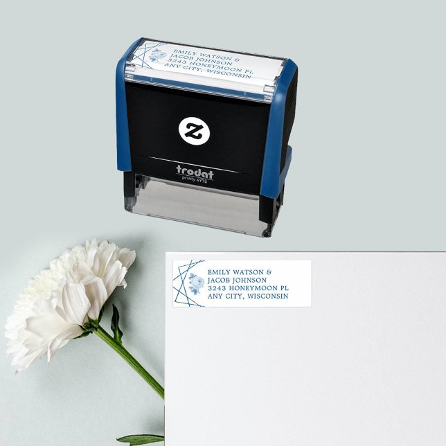 Carimbo Auto Entintado Endereço Geométrico do Casal Floral (Geometric Floral Wedding Couple Address Self-inking Stamp)