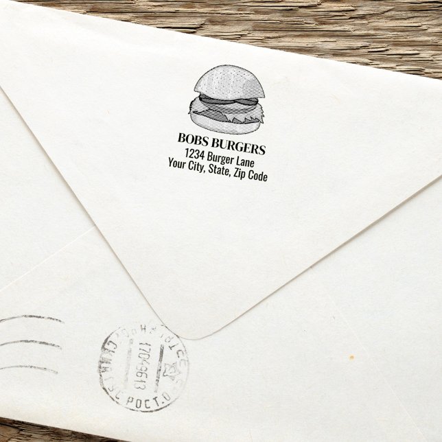 Carimbo Auto Entintado Endereço Personalizado de Burger de Negócios Moder (Hamburger custom business return address stamp.)
