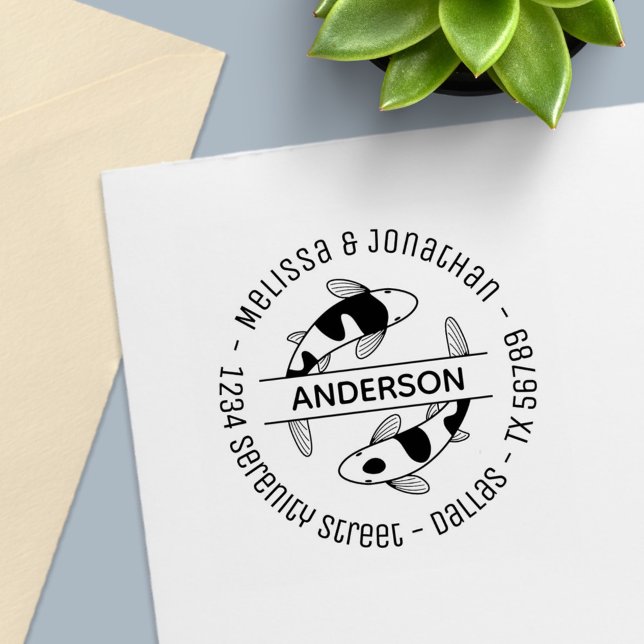 Carimbo Auto Entintado Endereço Redondo da Família de Casais de Peixe Koi (Criador carregado)