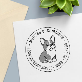 Carimbo Auto Entintado Endereço Redondo Personalizado com Bulldog Francês