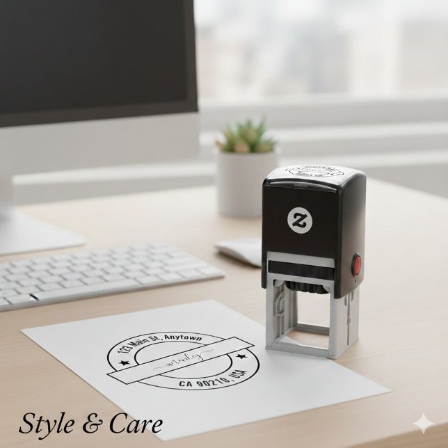 Carimbo Auto Entintado Endereço Redondo Personalizado Único e Elegante (Unique Stylish Round Custom Address Self-inking Stamp)