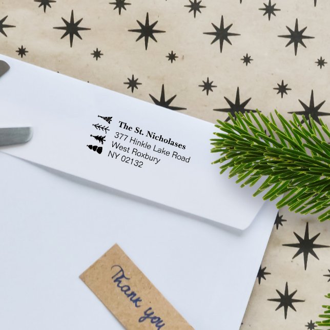 Carimbo Auto Entintado Escandinavo de volta do Natal bonito (Custom Scandinavian Christmas trees self inking stamp personalized with your address)