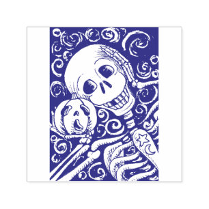 CARIMBO AUTO ENTINTADO ESQUELETO SORRIDENTE & SUA ABÓBORA DE HALLOWEEN