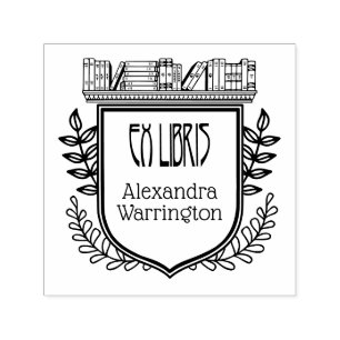 Carimbo Auto Entintado Estante de Livros de Crest Botânico Nome do Livro 