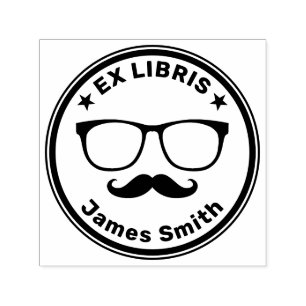 Carimbo Auto Entintado Ex-Libris com óculos e bigode HIPSTER