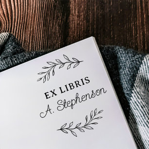 Carimbo Auto Entintado Ex Libris Folhas Botânicas em Script Rústico Carim