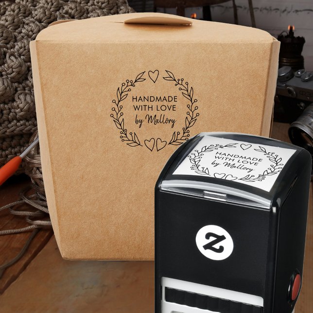 Carimbo Auto Entintado Feita à mão com Doodle Botanical Wreath (Handmade with Love signed self-inking stamp with line drawn wreath)