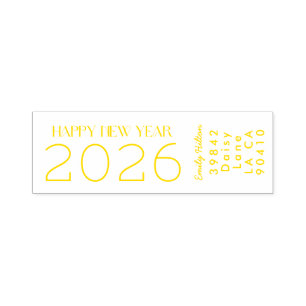 Carimbo Auto Entintado Feliz ano novo 2026 AMARELO Endereço
