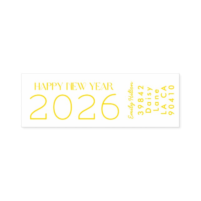 Carimbo Auto Entintado Feliz ano novo 2026 AMARELO Endereço (Design)