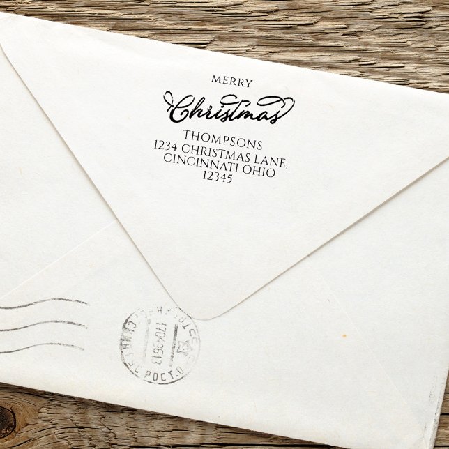 Carimbo Auto Entintado Feliz Natal - Simples Caligrafia Endereço de Devol (Merry Christmas holiday self-inking stamp with stylish calligraphy script.)