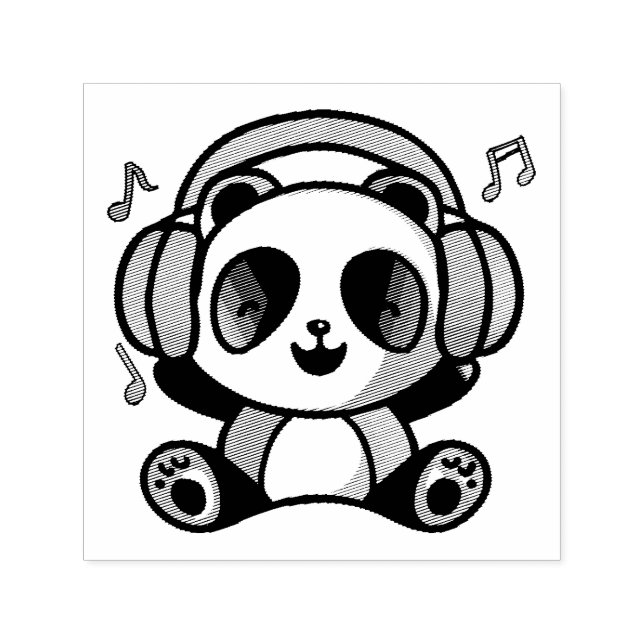 Carimbo Auto Entintado Feliz Panda com fones de ouvido ouvindo música. (Design)