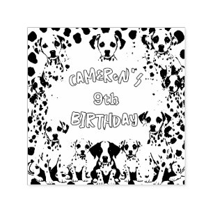 Carimbo Auto Entintado Festa de aniversário de Puppy Dalmaciana Preta e B