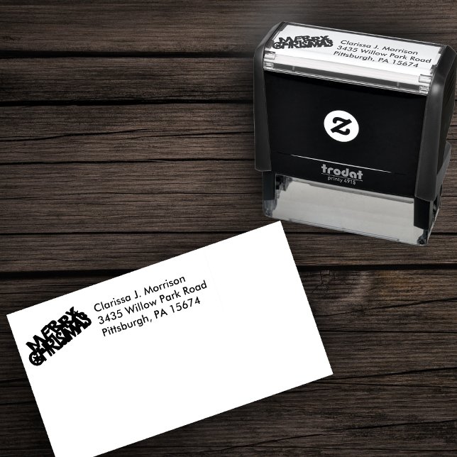 Carimbo Auto Entintado Festive Fancy Letters Merry Christmas Stars (Merry chrismtas festive fancy letters on self inking return address stamp.)