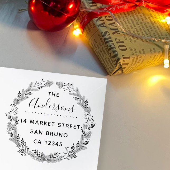 Carimbo Auto Entintado Festivo Traçado À Mão Xmas Fir Wreath Endereço De  (Criador carregado)