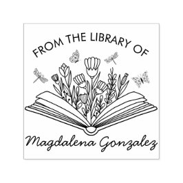 Carimbo Auto Entintado Flores Abertas De Livro Voam Da Biblioteca De