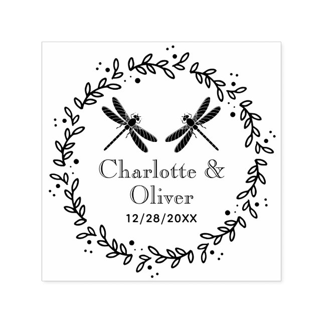 Carimbo Auto Entintado Frame Botânico 2 Dragonflies Data do Casal (Design)