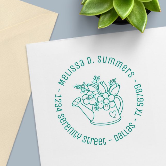 Carimbo Auto Entintado Garden Watering Can com Flores Endereço Redondo 2 (Criador carregado)