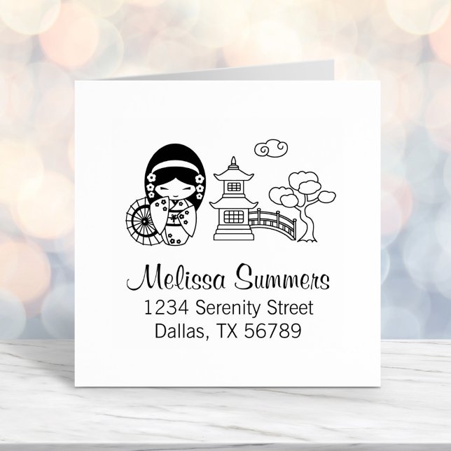 Carimbo Auto Entintado Garota Guarda-chuvas Japonesa no Endereço Kimono (Criador carregado)