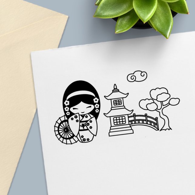 Carimbo Auto Entintado Garota Guarda-chuvas Japonesa no Scrapbook Kimono (Criador carregado)