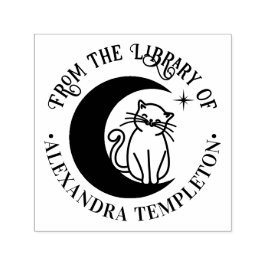Carimbo Auto Entintado Gato #3 Na Lua Crescente Nome do Livro da Bibliote