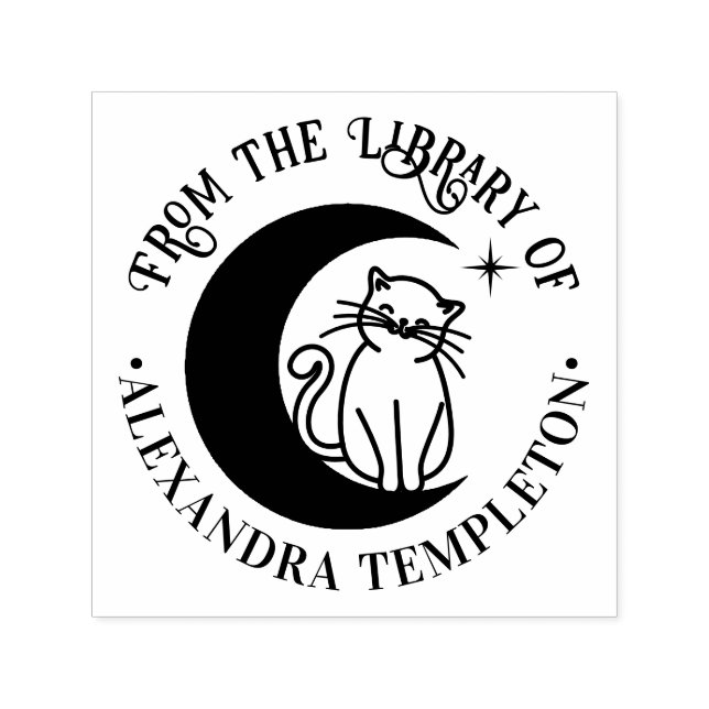Carimbo Auto Entintado Gato #3 Na Lua Crescente Nome do Livro da Bibliote (Design)