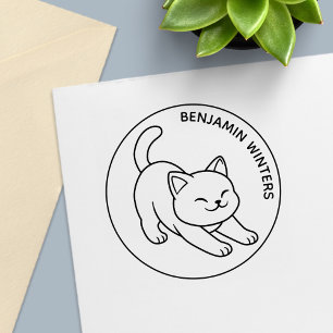 Carimbo Auto Entintado Gato Branco Esticando Texto Personalizado