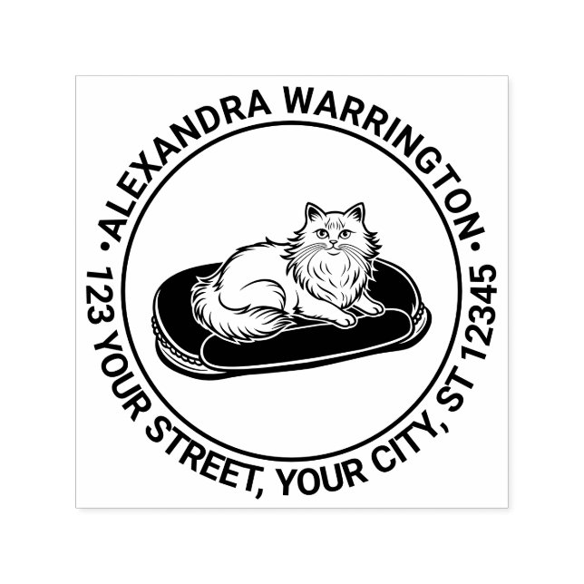 Carimbo Auto Entintado Gato de Cabelo Comprido na Cama Nome Endereço de R (Design)
